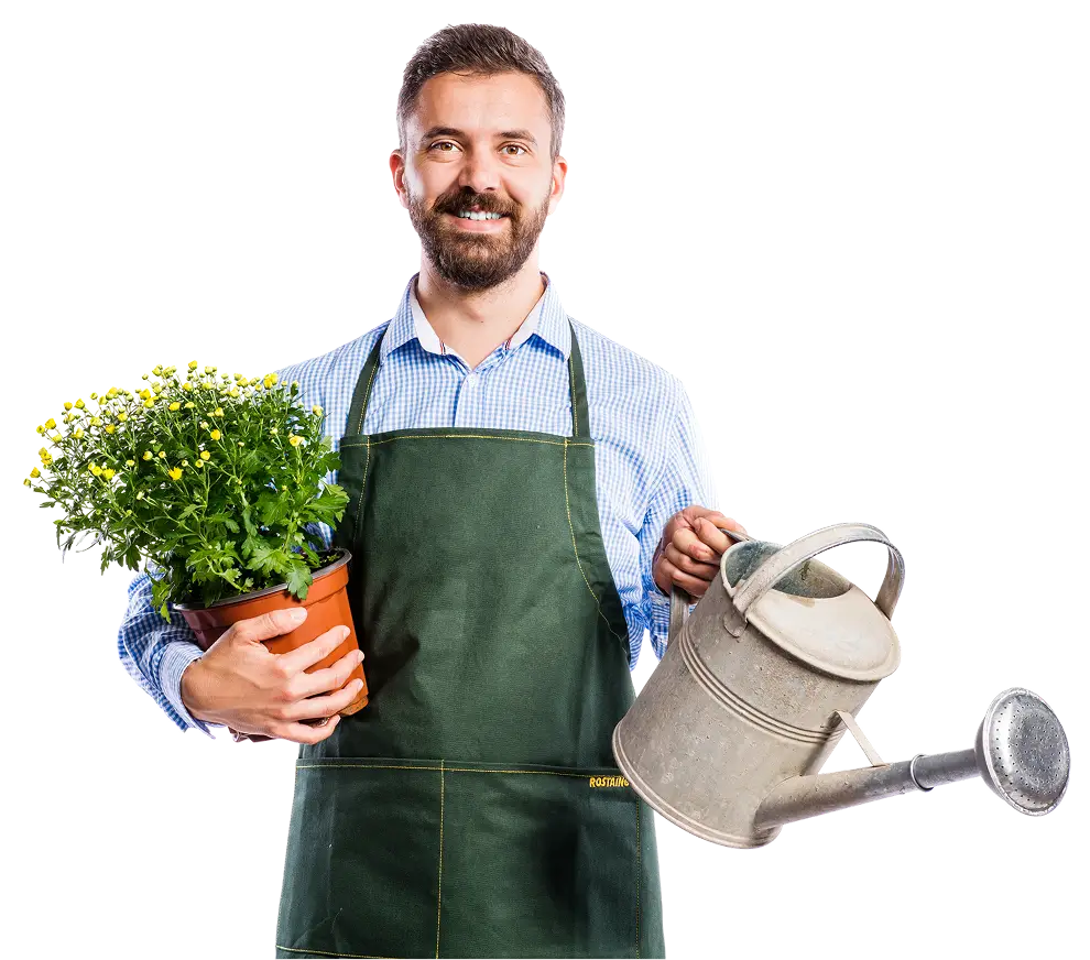 Gardener holding potted plant and watering can.