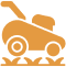 Orange lawnmower icon on black background.